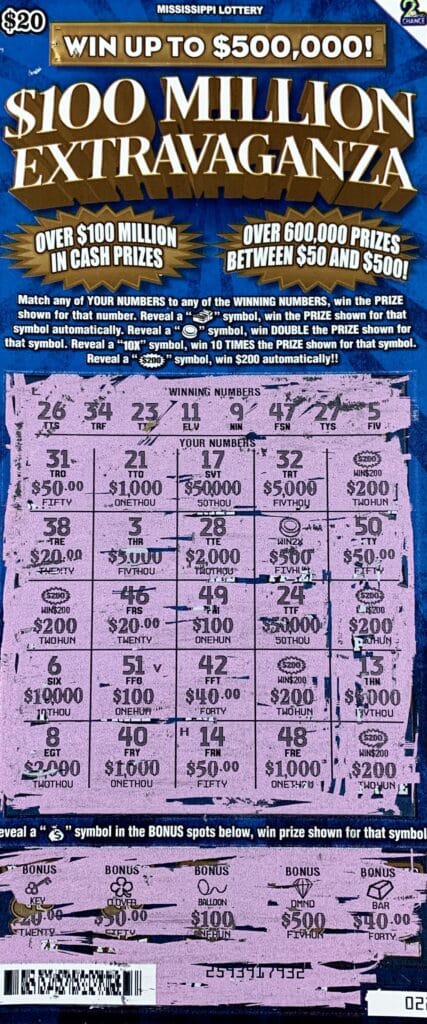 A Columbus woman won $2,000 on a $100 Million Extravaganza scratch-off game purchased from Sprint Mart #4101 on Alabama St., Columbus.