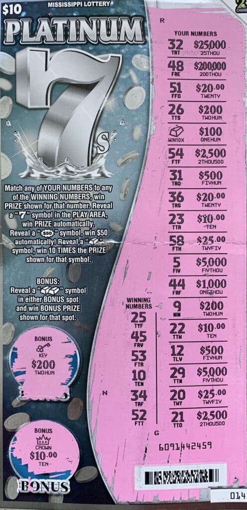 A Vancleave woman won $1,000 on a Platinum 7s scratch-off game purchased from The C Store on Mallet Rd., D’Iberville.