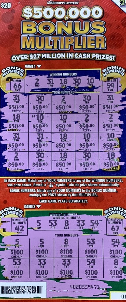 A Meridian woman won $2,000 on a $500,000 Bonus Multiplier scratch-off game purchased from Shell Food Mart #23 on Hwy. 11 S., Meridian.