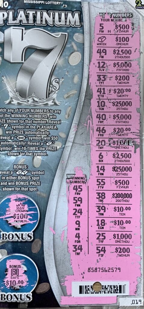 A Biloxi woman won $1,000 on a Platinum 7s scratch-off game purchased from Circle K Store #2723389 on Hwy. 49 N., Gulfport.